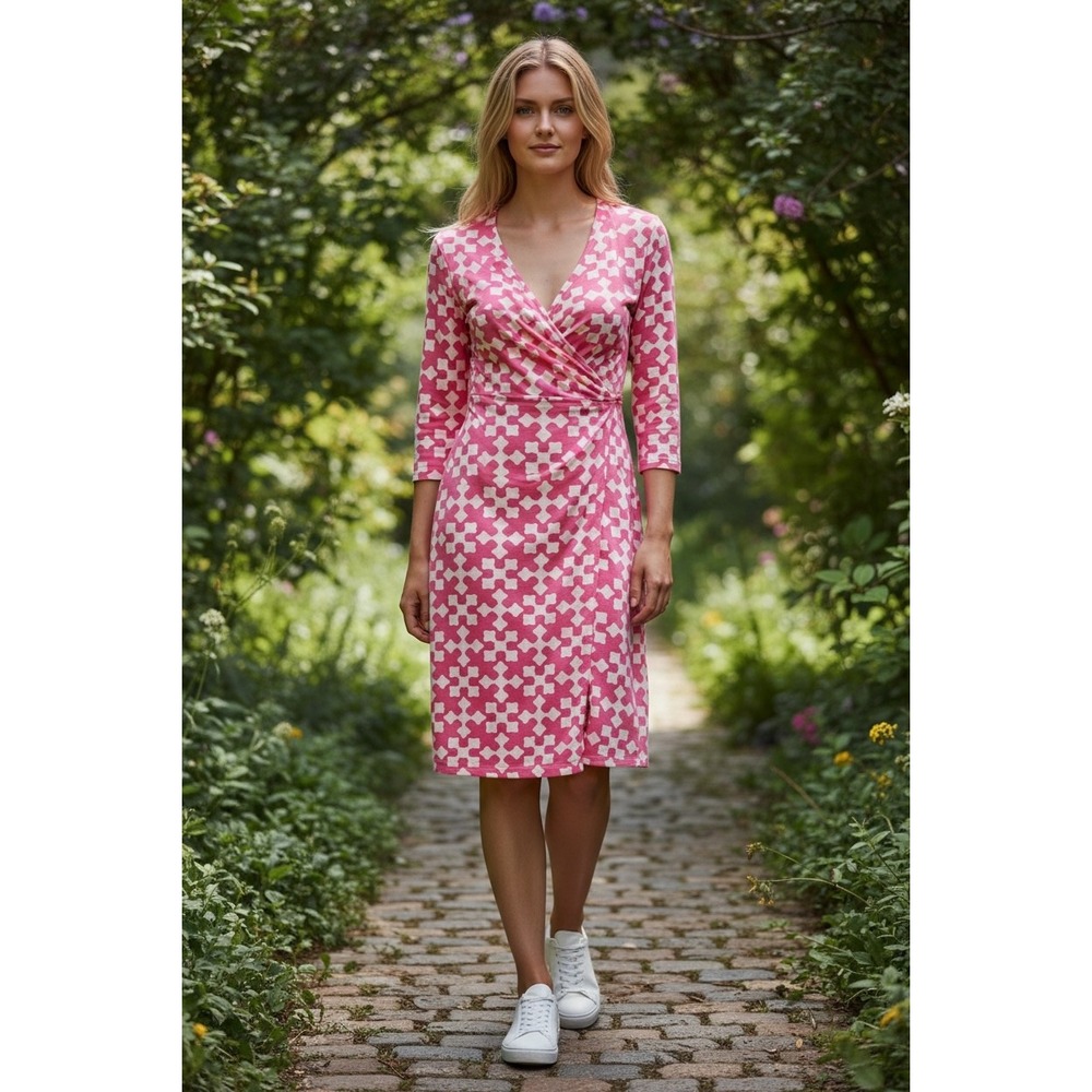 Sailor-Sailor Pink White Geometric Wrap Dress 3/4 Sleeve Small American Made
